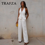 cold weather outfits Amfeov 2024 Spring Summer Casual Women Solid Suits Fashion V Neck Halter Single Breasted Vests+Chic High Waist Wide Leg Pants