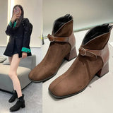 Amfeov Autumn Women Ankle Boots Black Chunky High Heel Color Matching Buckle Bota Back Zip Casual Female PU Learther Botines Chelsea