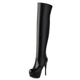 cold weather outfits Amfeov Sexy Women Thigh Boots Round Toe Stiletto 12cm Platform Zipper Large Size 44 45 46 Party Club Dancing Stretch Booties