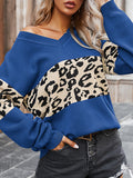 christmas outfit Amfeov Long Sleeves Loose Leopard Split-Joint V-Neck Pullovers Sweater Tops