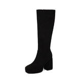 cold weather outfits Amfeov Women Knee High Boots Flock Suede Round Toe Block Heels 9cm Platform 2cm Slip On 45 46 47 Concise Daily Female Booties