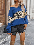 christmas outfit Amfeov Long Sleeves Loose Leopard Split-Joint V-Neck Pullovers Sweater Tops