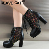 cold weather outfits Amfeov Fashion Women Ankle Boots Round Toe Block High Heels 9cm Platform 2cm Glitter 46 47 48 Party Booties