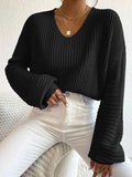 christmas outfit Amfeov Long Sleeves Loose Solid Color Split-Joint V-Neck Pullovers Sweater Tops