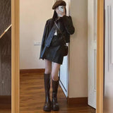 cold weather outfits Amfeov Vintage American Style Leather Jacket And Skirt Set Two-Piece Autumn/Winter Outfit Coordination Complete Set Women's Fashion