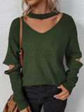 christmas outfit Amfeov Long Sleeves Loose Hollow Solid Color Zipper V-Neck Pullovers Sweater Tops