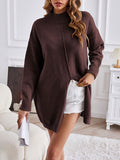 christmas outfit Amfeov Long Sleeves Loose Solid Color Split-Front Velvet Mock Neck Pullovers Sweater Tops