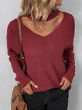 christmas outfit Amfeov Long Sleeves Loose Hollow Solid Color Zipper V-Neck Pullovers Sweater Tops