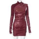 cold weather outfits Amfeov Women 2 Piece PU Leather Slanted Shoulder Dress Turtleneck T Shirts Sets WineRed Leather Pleated Slim Dress Two Piece Outfits