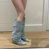 Amfeov Pointed Toe High Heel Trouser Tube Boots New Female Western Cowboy Knight Boots Denim Splicing Street Style Sewing Fashion Shoes