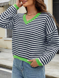 christmas outfit Amfeov Long Sleeves Loose Contrast Color Jacquard Striped V-Neck Pullovers Sweater Tops