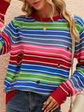 christmas outfit Amfeov Long Sleeves Loose Contrast Color Hollow Striped Round-Neck Pullovers Sweater Tops