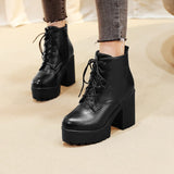 cold weather outfits Amfeov 2024 Women Ankle Boots Round Toe 9cm Block Heels Lace-Up 3.5cm Platform Big Size 33-44 A3396