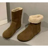 Amfeov Multi Colored Womens Flat Bottomed Low Heeled Short Boots with Round Toe Sleeve Anti Slip Warm Winter Suede Casual Snow Boots