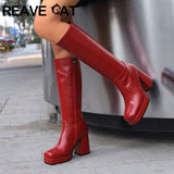 cold weather outfits Amfeov Women Knee High Boots Toe Block Heels 10cm Platform 2.5cm Big Size 43 Concise Female Bota