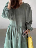 Amfeov Loose Pleated High Waist Puff Sleeve Corduroy Dress