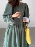 Amfeov Loose Pleated High Waist Puff Sleeve Corduroy Dress