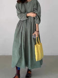 Amfeov Loose Pleated High Waist Puff Sleeve Corduroy Dress