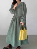 Amfeov Loose Pleated High Waist Puff Sleeve Corduroy Dress