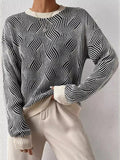 christmas outfit Amfeov Long Sleeves Loose Contrast Color Split-Joint Striped Round-Neck Pullovers Sweater Tops