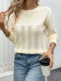 christmas outfit Amfeov Long Sleeves Loose Hollow Solid Color Round-Neck Pullovers Sweater Tops