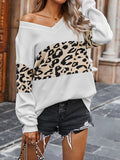 christmas outfit Amfeov Long Sleeves Loose Leopard Split-Joint V-Neck Pullovers Sweater Tops