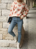 christmas outfit Amfeov Long Sleeves Loose Heart Print Jacquard Split-Joint Round-Neck Pullovers Sweater Tops