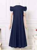 Amfeov Fly-sleeve Denim Tie Back V-Neck Long Dress