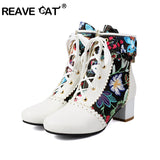 cold weather outfits Amfeov Pirnt Ankle Boots Round Toe 5cm Heel Strap up Cutout Size 46 47 48 US16 US17 Student White Black