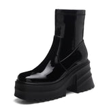 cold weather outfits Amfeov Patent Leather Women Ankle Boots Toe Chunky Heels 9cm Platform Hill Size 42 43 Fashion Party Booty