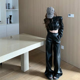 cold weather outfits Amfeov Vintage Elegant Black Leather Suit Women's Spring Autumn Long Sleeve Cropped Jacket High-Waisted Casual Trousers 2-Piece Set