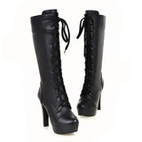 cold weather outfits Amfeov British Ladies Knee High Boots Round Toe Lace Up 12CM Platforms Spike Heels Shoes Size 31-45 White A4206