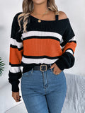 christmas outfit Amfeov Long Sleeves Loose Asymmetric Contrast Color Split-Joint Striped Cold Shoulder Sweater Tops