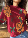 christmas outfit Amfeov Long Sleeves Loose Flower Print Round-Neck Pullovers Sweater Tops