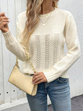 christmas outfit Amfeov Long Sleeves Loose Hollow Solid Color Round-Neck Pullovers Sweater Tops