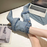 Amfeov 2024 Women's Autumn/Winter Denim Fine High Heel Skirt Boots Fashion Pointed Large Women's Four Seasons Short Boots