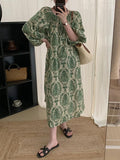 Amfeov Vintage Round Neck Floral Balloon Sleeve Dress