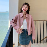 cold weather outfits Amfeov Vintage Chamois Leather Short Jacket Women's Loose-Fit Slimming Motorcycle Lapel Jacket Fresh Style For Autumn 2024 Korean Versi