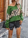 christmas outfit Amfeov Long Sleeves Loose Leopard Split-Joint V-Neck Pullovers Sweater Tops