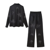 cold weather outfits Amfeov 2024 Spring Summer Casual Beading Floral Women Suits Fashion Embroidery Single Breasted Shirts+Midi Waist Long Pants