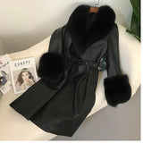 cold weather outfits Amfeov 2024 New Women's Leather Jacket With Fox Fur Collar Long Fashionable Elegant Waist-Fitted Sheepskin Overcoat For Autumn/Winter