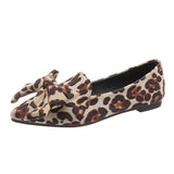 Amfeov Lady Plus Size Chinese  Bow-Knot Flats Leopard Printed Flock Tender Pointy Toe Women Leisure Shoes To Match Bags Italy Brown