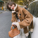 cold weather outfits Amfeov Vintage Brown Leather Women's Cropped Jacket Lamb Wool Integrated Pocket Maillard Autumn/Winter New Arrival Thickened Loose Fit