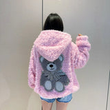 cold weather outfits Amfeov Trendy Brand Cute Pink Rhinestone Bear Jacket With Hoodie Autumn/Winter High Definition Genuine Leather Coat Handmade Embroidery