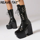 cold weather outfits Amfeov Women Boots Toe Block Heels 12cm Platform Hill 5.5cm Lace Up Ladies Booty Size 46 47 48