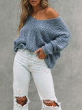 christmas outfit Amfeov Long Sleeves Loose Solid Color V-Neck Knitwear Pullovers Sweater Tops