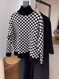 christmas outfit Amfeov Long Sleeves Loose Contrast Color Plaid High Neck Pullovers Sweater Tops