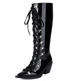 cold weather outfits Amfeov Patent Leather Women Knee High Boots Pointed Toe Chunky Heel 6.5cm Lace Up Decor Size 44 45 46 Booties