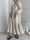 Amfeov French Pleated Long Puff Sleeve Loose Long Dress