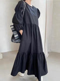 Amfeov French Pleated Long Puff Sleeve Loose Long Dress